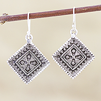 Sterling silver dangle earrings, 'Rawa Tradition' - Traditional Indian Motif Sterling Silver Dangle Earrings