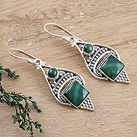 Malachite dangle earrings, 'Green Ocean' - Malachite Cabochon and Sterling Silver Dangle Earrings