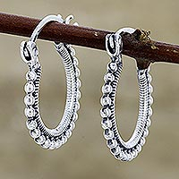 Sterling silver hoop earrings, 'Brightly Shining' - Beaded Sterling Silver Hoops from India