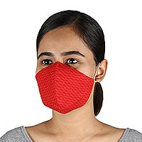 Cotton face masks, 'Trendy Red' (set of 3) - 3 Red Cotton Brocade Contoured Personal Face Masks