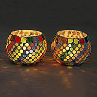 Glass mosaic tealight candleholders, 'Festive Rainbow' (pair) - Glass Mosaic Tealight Candleholders (Pair)