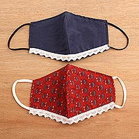 Cotton face masks, 'Lovely in Lace' (pair) - 1 Red 1 Blue Cotton Print Masks with Lace Trim