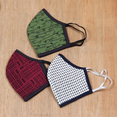 Cotton face masks, 'Varied Styles' (set of 3) - 3 Cotton Print Triple Layer White-Green-Burgundy Face Masks
