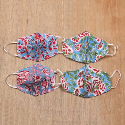 Cotton face masks Blossoms on Blue (set of 4)