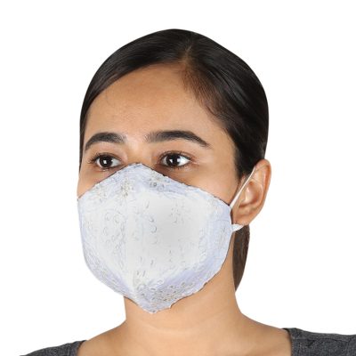 Cotton face masks 'Embroidered Elegance' (set of 3) - 3 Cotton 2-Layer White Embroidered Face Masks from India