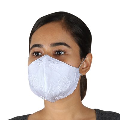 Cotton face masks 'White Sunflowers' (pair) - 2 Hand Embroidered Floral White Cotton 2-Layer Masks