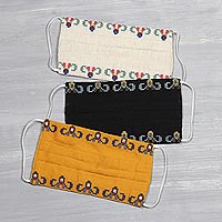 Cotton face masks, 'Cross Stitch Garlands' (set of 3) - 3 Cross Stitch Embroidery Cotton 3-Layer Pleated Face Masks