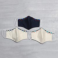 Cotton face masks, 'Cross Stitch Zigzag' (set of 3) - 3 Zigzag Cross Stitch Embroidery Cotton 3-Layer Masks