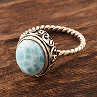 Larimar cocktail ring, 'Endless Summer Sky' - Oval Larimar Cabochon Sterling Silver Ring