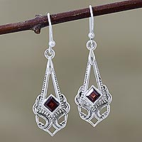 Garnet dangle earrings, 'Perfect Pendulum' - Square Faceted Garnet Sterling Silver Dangle Earrings