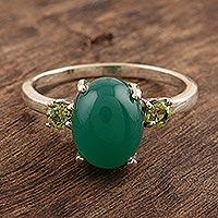 Onyx and peridot cocktail ring, 'Green and Lovely' - Green Onyx and Peridot Cocktail Ring from India