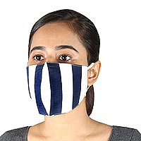 Cotton face masks, 'Bold Navy Stripes' (pair) - 2 Navy Blue & White Striped 2-Layer Cotton Ear Loop Masks