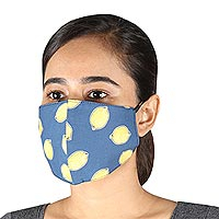 Cotton face masks, 'Make Lemonade' (set of 3) - 3 Blue Lemon Print Cotton Face Masks with Ear Loops