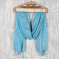 Linen shawl, 'Timeless Charm in Cyan' - Cyan and White All-Linen Shawl from India