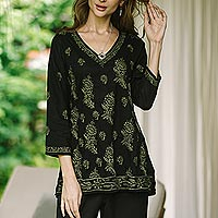 Black Cotton Tunic with Hand Embroidered Details,'Midnight in the Garden'