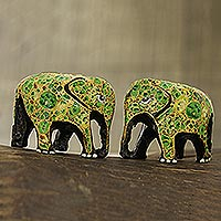 Papier mache figurines, 'Green Flower Friends' (pair) - Green Floral Papier Mache Elephant Figurines (Pair)