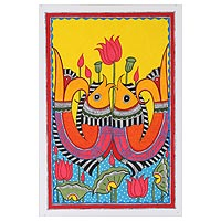 Madhubani painting, 'Fish Union' - Colorful Madhubani Painting with Fish Motif