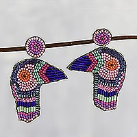 Glass beaded dangle earrings, 'Woodpecker Delight in Pink' - Multicolor Beaded Woodpecker Dangle Earrings