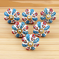 Ceramic knobs, 'Flowery Glory' (set of 6) - Set of 6 Hand Painted Ceramic Drawer Pulls/Knobs