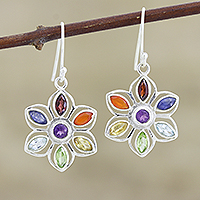 Multi-gemstone dangle earrings, 'Chakra Flower' - Chakra Flower-Shaped Multi-Gemstone Earrings