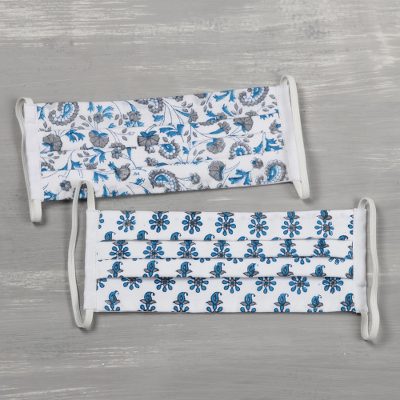 Cotton block print face masks, Blue Elegance (pair)