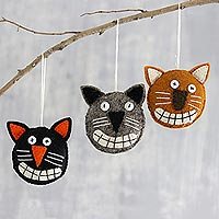 Wool felt ornaments, 'Halloween Cats' (set of 3) - Cute Halloween Cat Ornaments from India (Set of 3)