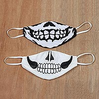 Cotton face masks, 'Creepy Halloween' (pair) - Creepy Halloween Skeleton Face Masks Pair