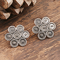 Sterling silver button earrings, 'Modern Flower' - Sterling Silver Button Earrings Modern Flower