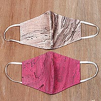 Cotton face masks, 'Marbled Chestnut Rose' (pair) - Hand Painted Face Masks 1 in Rose-1 in Brown