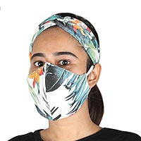 Cotton face mask and accessory set, 'Forest Charm' (3 pieces) - Tropical Print Face Mask and Accessory Set (3 Pieces)