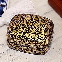 Papier mache decorative box, 'Blue Golden Foliage' - Handmade Blue Papier Mache Golden Leaf Decorative Box