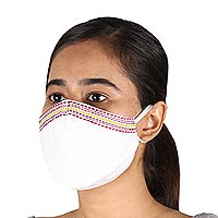 Embroidered cotton face masks, 'Crowned with Color' (pair) - White Cotton Face Masks with Embroidery (Pair)
