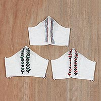 Embroidered cotton face masks, 'Leafy Path' (set of 3) - Off-White Embroidered Cotton Face Masks (Set of 3)
