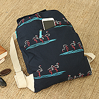 Cotton canvas backpack, 'Flamingo Friends' - Artisan Crafted Cotton Canvas Backpack from Thailand