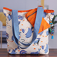 Cotton canvas tote bag, 'Blue Wilderness' - Wild Animals Cotton Canvas Tote Bag