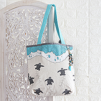 Cotton canvas tote bag, 'Turtle World' - Sea Turtle Print Cotton Canvas Tote Bag