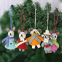 Wool felt ornaments, 'Caroling Bunnies' (set of 5) - Set of 5 Wool Felt Rabbit Caroler Ornaments