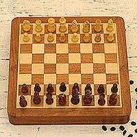 Wood travel chess set, 'Idle Hours' - Hand Crafted Acacia and Haldu Wood Chess Set