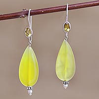 Chalcedony and citrine dangle earrings, 'Buttercup' - Hand Made Chalcedony and Citrine Dangle Earrings