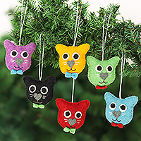 Wool felt ornaments, 'Dapper Cats' (set of 6) - Set of 6 Wool Felt Stuffed Cat Ornaments
