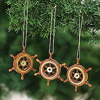 Wood and brass ornaments, 'Ahoy!' (set of 3) - Set of 3 Wood Ship's Wheel Ornaments