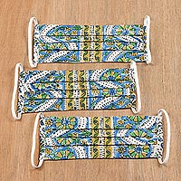 Cotton face masks, 'Pretty Posies' (set of 3) - 3 Pleated Blue & Yellow Indian Block Print Cotton Masks