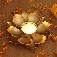 Steel tealight candleholder, 'Golden Lotus Glow' - Gold Finish Steel Lotus Blossom Tealight Candleholder