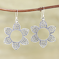 Sterling silver dangle earrings, 'Whispering Petals' - Handmade Sterling Silver Floral Dangle Earrings