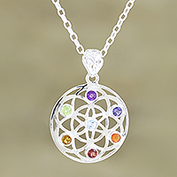 Multi-gemstone pendant necklace, 'Chakra Medallion' - Multi-Gemstone and Sterling Silver Chakra Pendant Necklace