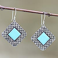 Ceramic dangle earrings, 'Silver Plaza' - Hand Painted Ceramic Dangle Earrings from India
