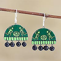 Ceramic dangle earrings, 'Dancing Drummers' - Hand Crafted Green Ceramic Dangle Earrings from India