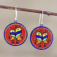 Ceramic dangle earrings, 'Joyful Birds' - Hand Made Round Ceramic Dangle Earrings from India