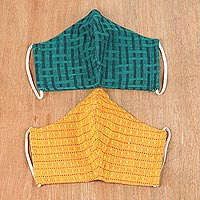 Cotton face masks, 'Elegant Fusion' (pair) - Pair of Cotton Face Masks in Marigold and Emerald