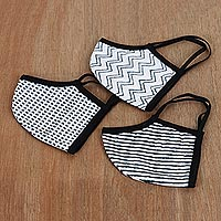 Cotton face masks, 'Contrasting Harmony' (set of 3) - Black and White Patterned Cotton Face Masks (Set of 3)